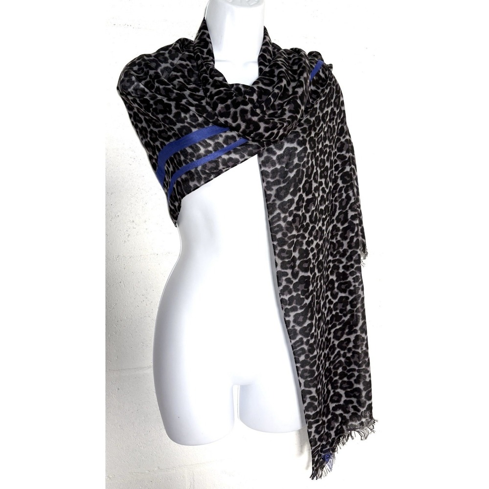 Italco Leopard Scarf Blue Stripe Fringe Lightweight Wrap Shawl Rectangle Italy